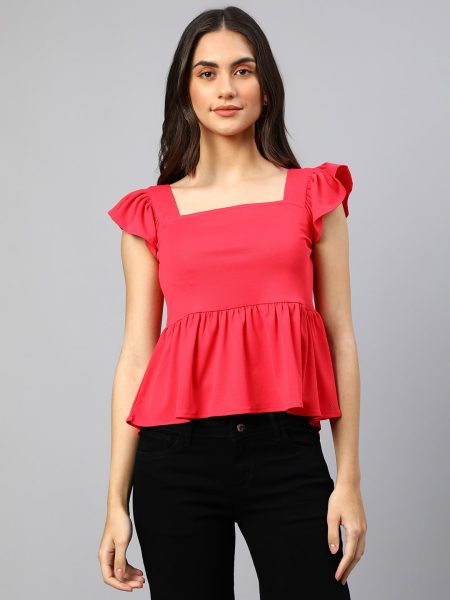 Women Pink Square Neck Flutter Sleeves Peplum Top