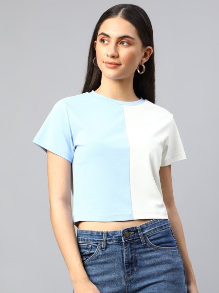 Women  Colourblocked Round Neck Crop T-shirt