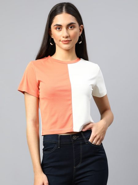 Women Peach & White Colourblocked Round Neck Crop T-shirt