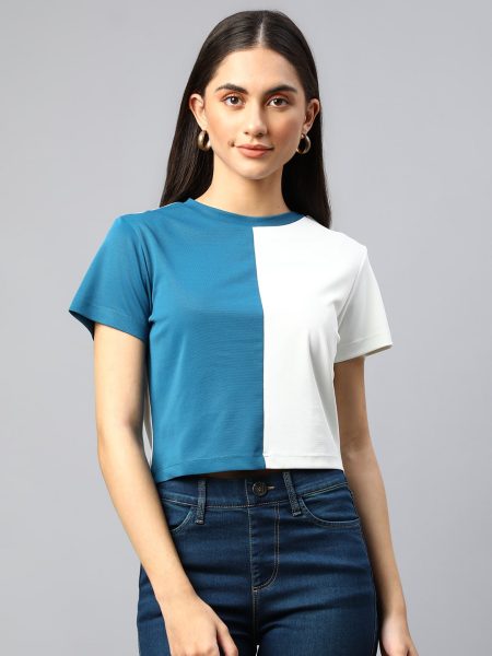 Women Blue & White Colourblocked Round Neck Crop T-shirt