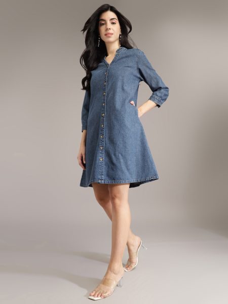 Women Blue A-Line Above Knee Denim Dress