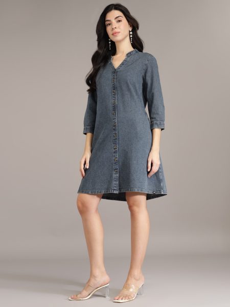 Women Dark Blue A-Line Above Knee Denim Dress