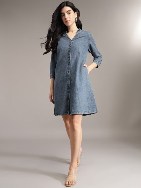 Women Navy Blue A-Line Above Knee Denim Dress