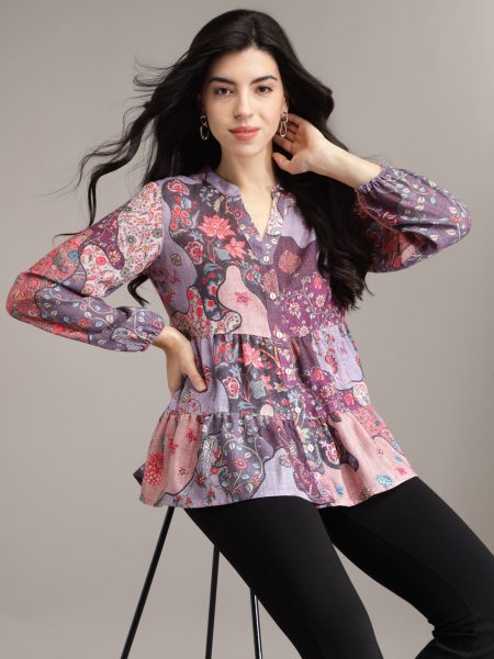 Women Purple Floral Print Tiered Top