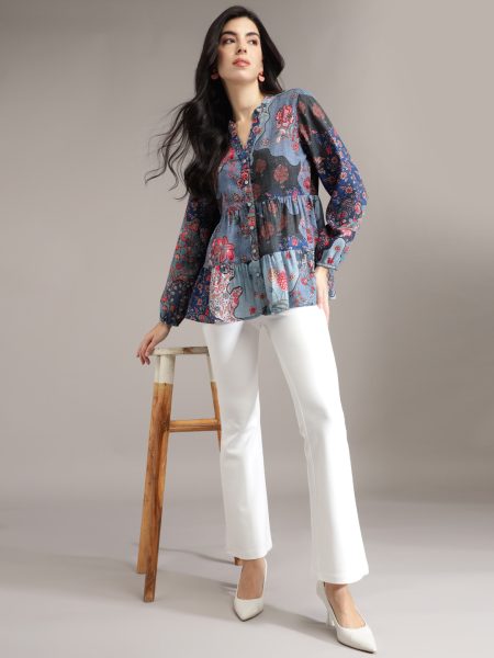 Women Blue Floral Print Tiered Top
