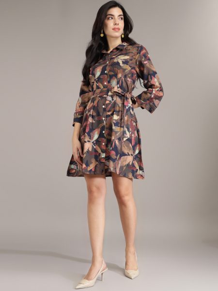 Women Brown Floral Printed Fit & Flare Mini Dress