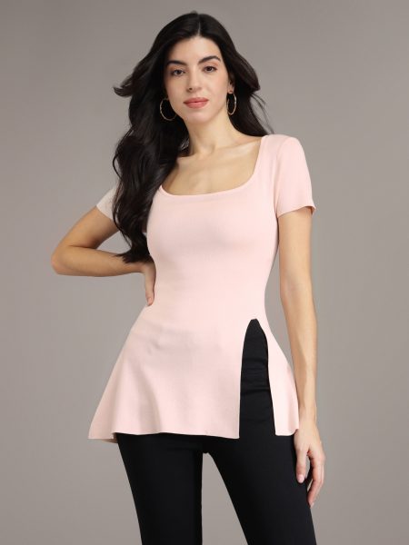 Women Pink Scoop Neck Fitted Longline Top
