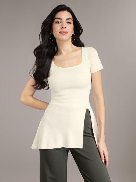 Women White Scoop Neck Fitted Longline Top