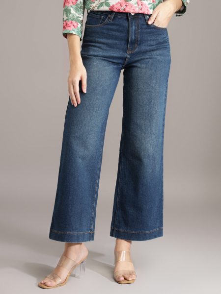 Women Navy Blue Comfort Wide Leg High-Rise Stretchable Jeans