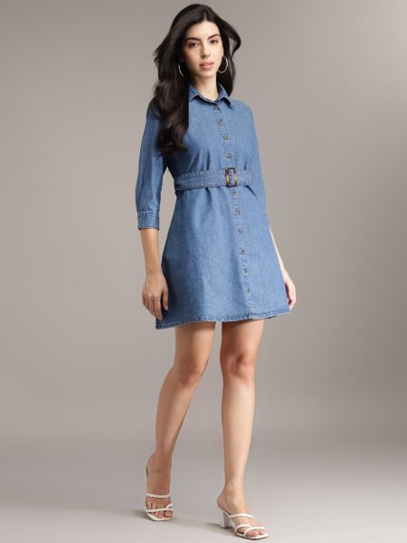 Women Navy Blue Shirt Collared Denim Above Knee Dress With Belt